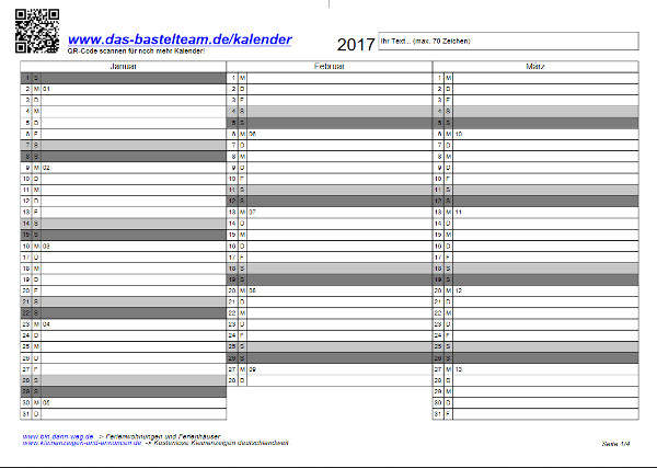 Kalender auf vier Seiten (Quartalskalender)